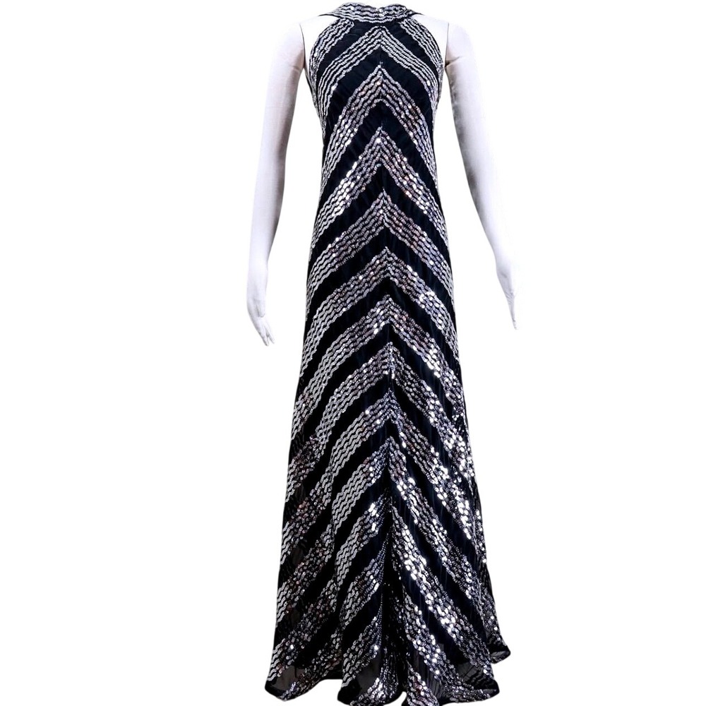 VTG 70s After Five Chevron Sequin Halter Gown Black Silver ILGWU Sz 8 Modern 2/4